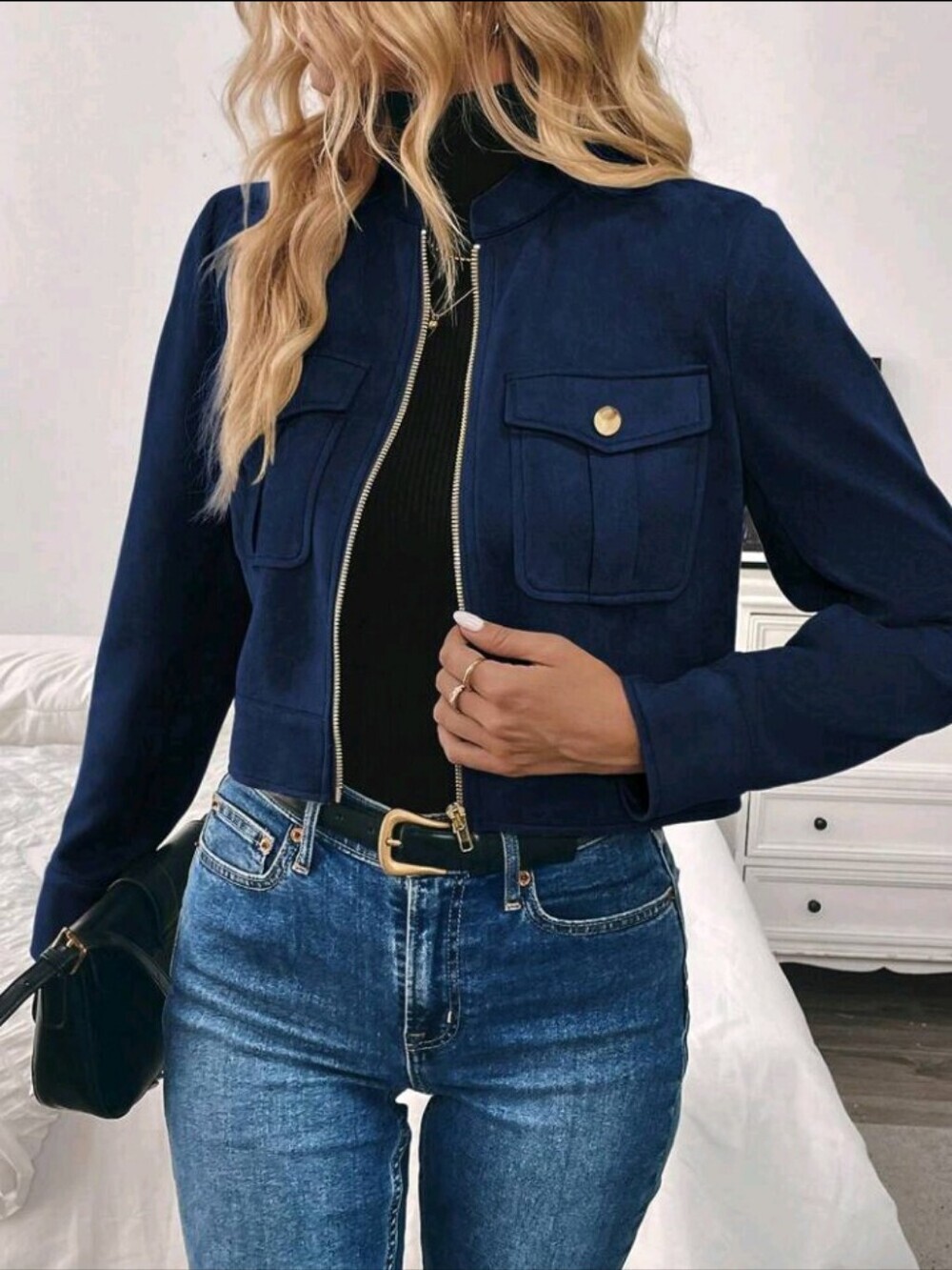 Women's Autumn/Winter Large Pocket Metal Button Short Military Green Jacket